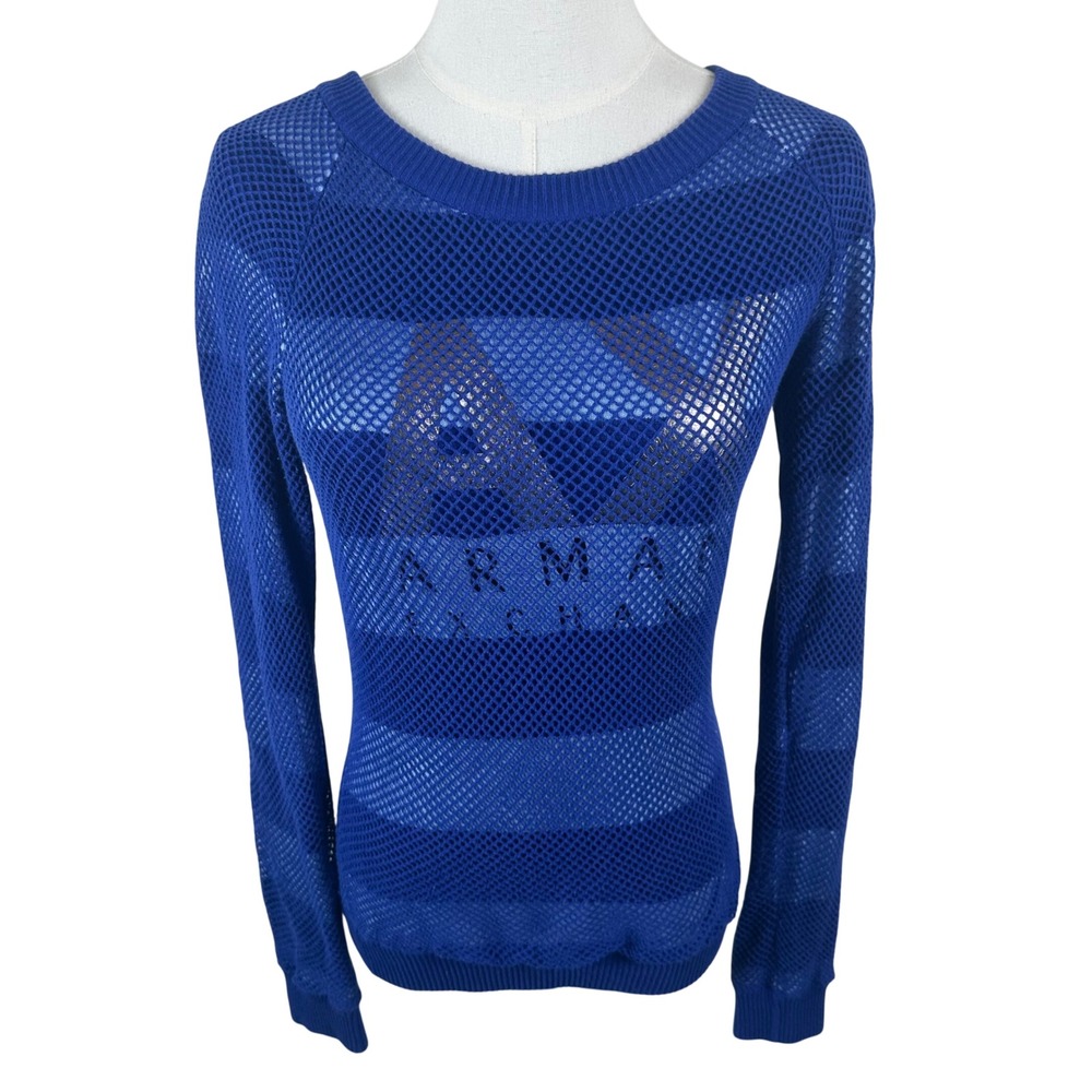 Armani Exchange Fishnet Mesh Sweater Women S Blue Y2K Grunge Cyberpunk Logo Top